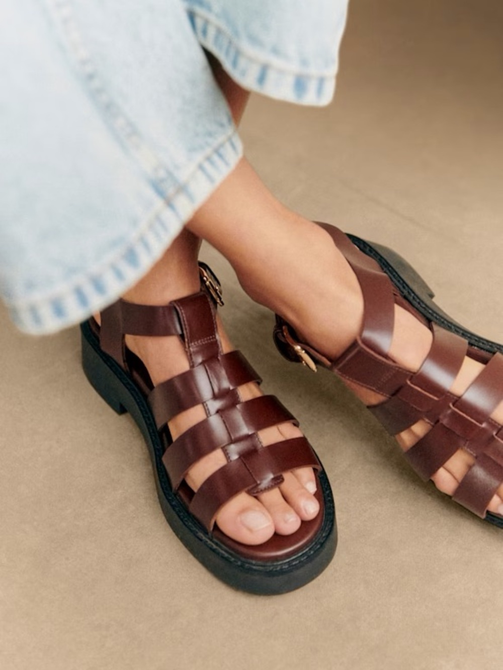 Sezane Allie glossy Brown chocolate Leather Fisherman platform sandals Ally Alli